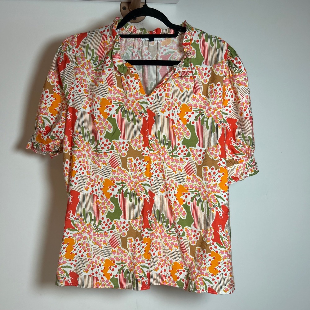 Michelle McDowell Womens Floral Ruffle Split Neck Puff Sleeve Blouse Orange Med